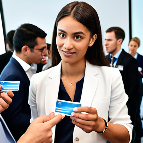 Home 20 **Professional Networking Event:** A diverse group of professionals at an international conference, exchanging business cards and discussing overseas training opportunities, with company logos visible in the background.