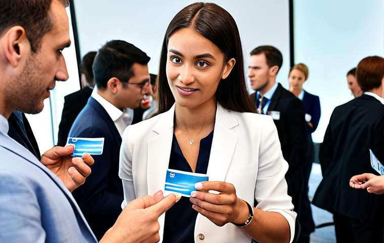 **Professional Networking Event:** A diverse group of professionals at an international conference, exchanging business cards and discussing overseas training opportunities, with company logos visible in the background.