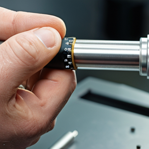 Home 19 **Precision Measurement:** A close-up photo showcasing a technician using a micrometer to measure a small component in a factory setting. Focus on the precision and detail.
