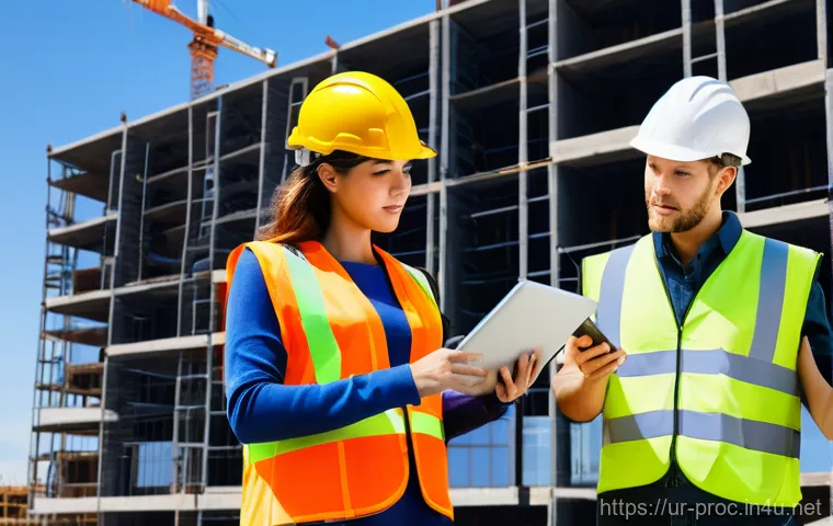 공정관리 기술과 IoT 융합 사례 - **Prompt 1: Real-time Construction Oversight**
"A diverse team of project managers and engineers...