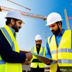 Home 22 공정관리기술자 시험 합격 후기 및 꿀팁 - A detailed construction site scene in Pakistan showing a diverse team of engineers and workers colla...