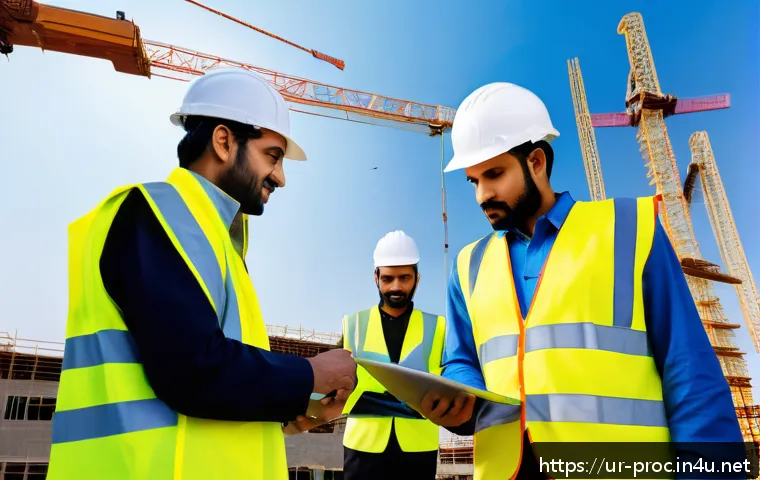 공정관리기술자 시험 합격 후기 및 꿀팁 - A detailed construction site scene in Pakistan showing a diverse team of engineers and workers colla...